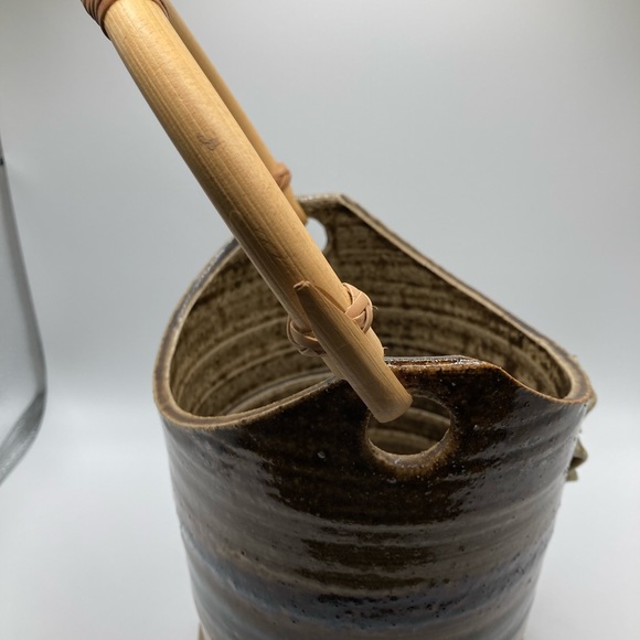 Vintage Teal/Tan/Blue Pottery Flower Pot with Bamboo Handle - Picture 6 of 10